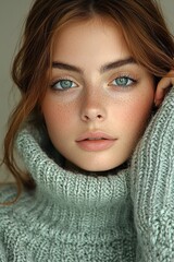 Young woman in cozy sweater poses for close-up with soft expression and captivating eyes in neutral lighting