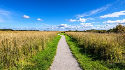 Winding Path Through Golden Grass Under a Blue Sky