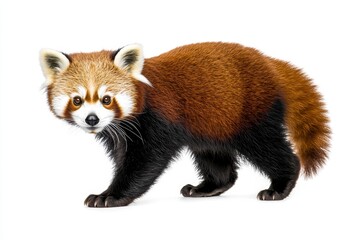 Obraz premium Red Panda Walking on White Background - A red panda walks towards the camera, showcasing its vibrant fur and endearing features against a pristine white backdrop