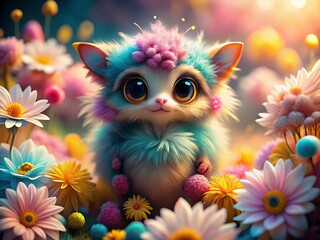 Fototapeta premium Adorable Furry Alien with Flowers - Cute Macro Photography Stock Photo