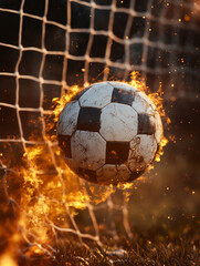 Naklejka premium Ballon de foot en feu dans un filet de but