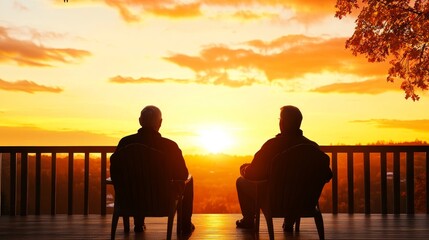 Senior Couple Enjoying Golden Hour Sunset on Porch - A serene depicting two seniors relaxing on a porch, watching a breathtaking sunset. Symbolizing peace, tranquility, retirement, togetherness