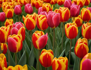 Fototapeta premium The colorful flowers of tulips, the spring season, and the beautiful pink and yellow tulips.