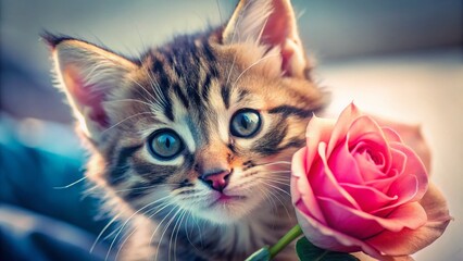 Adorable Kitten with Pink Rose: Macro Photography of Sweet Pet Love