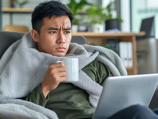 A young man person sitting on a sofa indoor covered with a blanket, holding a hot drink and tissue. They look unwell, with a blown nose, wrapped in a warm blanket, trying to feel better at home during