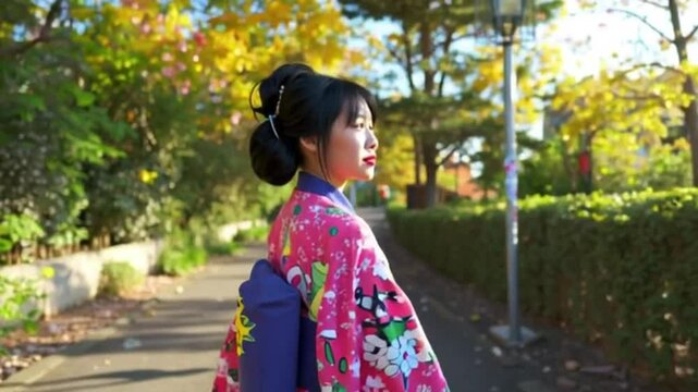 back view of young japanese girl in colorful kimono walking in path. female in traditional costume going to join festival in summer under sunshine. beautiful elegant lady in hanamikoji dori