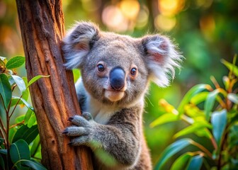 Naklejka premium Adorable Koala Climbing Eucalyptus Tree in Australian Rainforest - Endangered Wildlife Close-Up