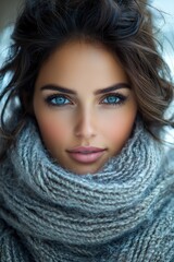 Naklejka premium Woman with striking blue eyes wearing a cozy scarf during a winter day capturing attention with her natural beauty