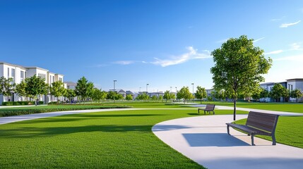Fototapeta premium A serene park scene featuring lush green grass, walking paths, and benches under a clear blue sky, ideal for relaxation and outdoor activities.