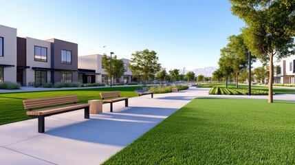 A serene park scene featuring benches along a pathway, surrounded by lush greenery and modern buildings under a clear blue sky.