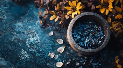Rustic tea leaves in a wooden bowl with floral elements