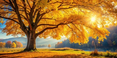 Majestic golden autumn tree, peaceful landscape, serene fall scenery, inspiring contemplation.