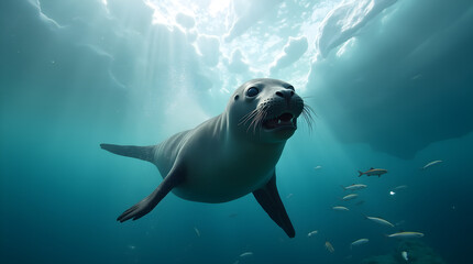 Obraz premium A playful sea lion glides effortlessly through crystal-clear ocean waters, surrounded by shimmering fish. This dynamic underwater shot captures the beauty, agility, and grace of marine wildlife.