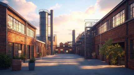 Obraz premium A serene industrial alleyway at sunset, featuring brick buildings, smokestacks, and potted plants, creating a blend of nature and industry.