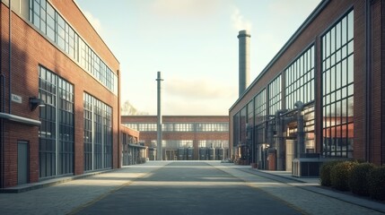 Fototapeta premium A serene industrial scene showcasing brick buildings with large windows and smokestacks, illuminated by soft sunlight.