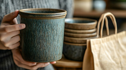 Woman holds rustic mug, stacked bowls, craft shop background, pottery sale