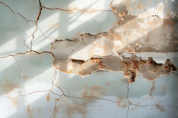 Cracked and Peeling Paint on Weathered Wall with Shadows Cast by Natural Light Creating an Abstract Texture