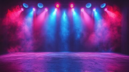 Empty stage lit by vibrant pink & blue spotlights