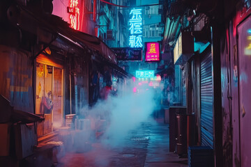A dystopian cyberpunk alleyway with flickering neon signs, hazy fog, and an eerie, industrial atmosphere.