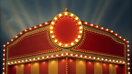 Carnival stage with classic circus marquee, red striped festive background, glowing fairground lights, theatrical amusement park entrance, vintage festival scene with retro illuminated decor