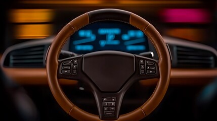 Fototapeta premium Close-up of a modern car steering wheel with illuminated dashboard, vibrant background colors