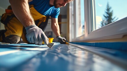 Home window installation, worker applying sealant