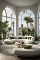 Obraz premium Stylish Living Room with Smooth Architecture, Green Accents, and Plenty of Sunlight