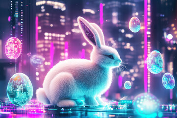 A futuristic Easter Bunny with a cybernetic tail, surrounded by floating holographic Easter eggs and glowing lights, set against a digital city backdrop.