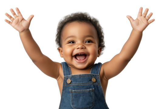 Black toddler in overalls laughing with arms raised isolated on transparent white background - Powered by Adobe