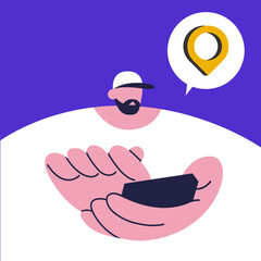 Digital nomad. Freedom to work anywhere by using computer with internet. Work and travel freelancer, remote job concept. Young man working on map location pin using app.