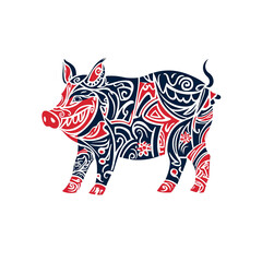 Ornate Pig Illustration Intricate Design in Red and Blue