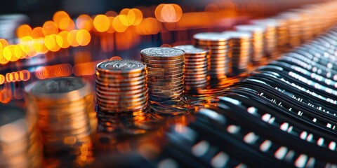 Close-up of coins on a surface with glowing lights in background.