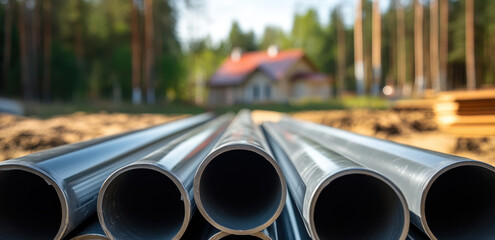 Gray bootlegger pipes are arranged in neat rows at a construction site, contrasting with lush greenery and a nearby house in the background