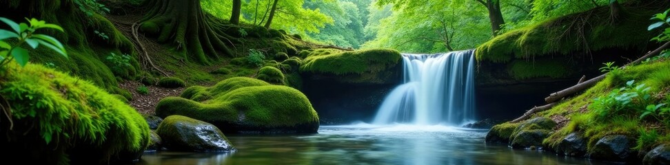 Obraz premium Waterfall cascades through moss covered forest floor, serenity, forest, water