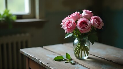 Obraz premium A faded bouquet of twilight-colored roses rests on a worn wooden table amidst an old garden cottage's decay.