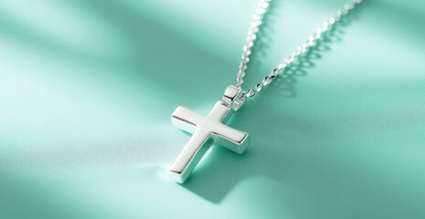 A beautifully crafted silver cross necklace rests on a light mint green surface, showcasing its polished finish and delicate chain