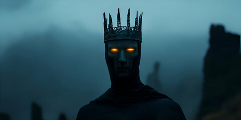 Dark monarch with luminous eyes, crowned figure looming within misty realm, emanating powerful, sinister presence