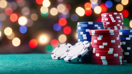 Festive Casino Chips and Gamble Table - Casino night, gambling chips, stacks of poker chips,...