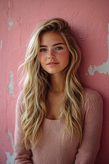Fototapeta premium Young woman with long hair poses against a textured pink wall in a cozy indoor setting during daylight hours