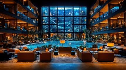 Luxury hotel lobby aquarium pool