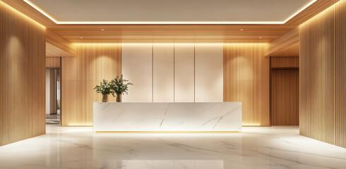 Luxurious reception features a marble counter, warm wood accents, and stylish floral arrangements...