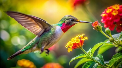 Naklejka premium Aerial Drone Shot: Hummingbird Feeding on Vibrant Flower