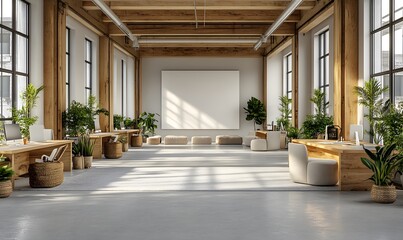 Modern office interior with desks and chairs in an open space setting, featuring a blank white wall on the right for copy space. 3D Rendering,

