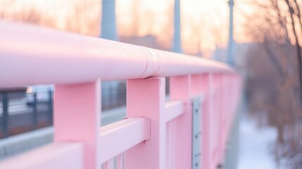An urban industrial bridge at sunset, soft pastel sky, low saturation, and cinematic tone creates a serene atmosphere.