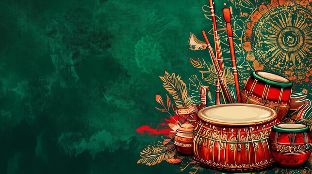 Bhagoria Festival Banner with traditional musical instruments dhol, mandala, flute, and thali, ai generated images.