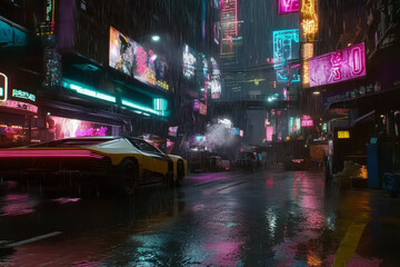 A cyberpunk holographic market street with neon billboards, dense urban structures, and misty, rain-soaked streets.