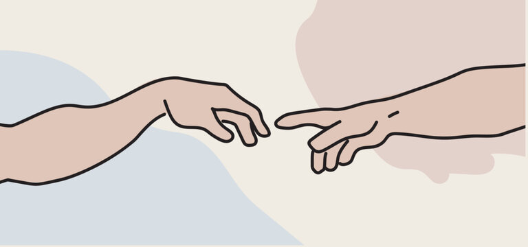 Adam and god the creation of adam famous painting michelangelo renneasince sistine chapel genesis bible motive touching fingers connections flat vector illustration Classical Art Piece modernized