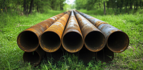 Several steel pipes are stacked on lush green grass under a tree canopy, showcasing a rustic and...