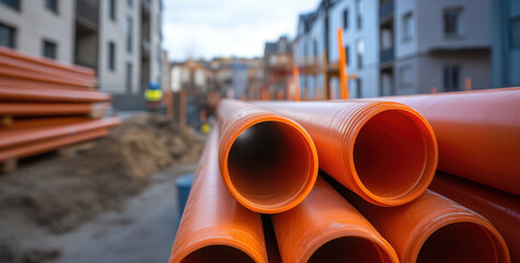 Construction site features several orange plastic pipes stacked, highlighting urban development and ongoing building projects in the background