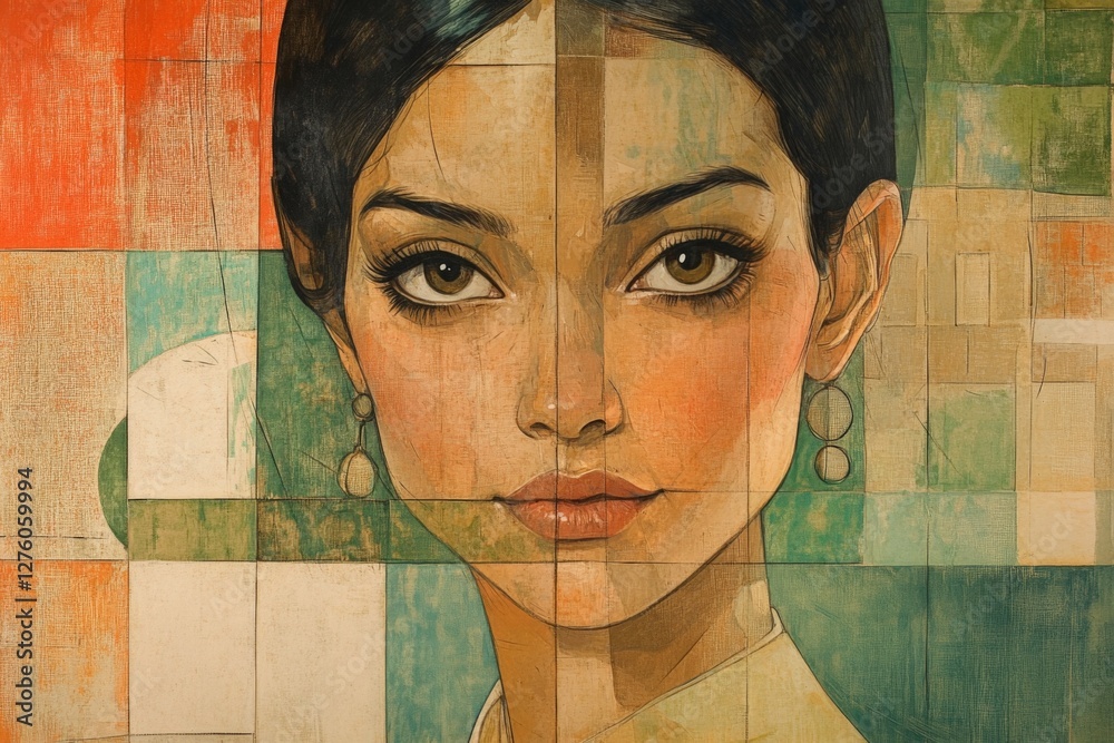 Poster beautiful portrait of a young woman with striking features displayed in a colorful abstract backgrou